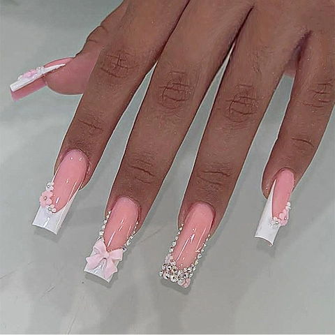 French Tip Press On Nails Lang Sarg Nude Pink 3D Schleife Strass Blume Künstliche Fingernägel Für Frauen