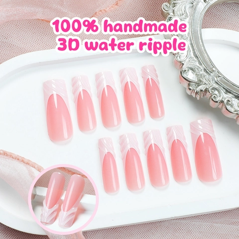 Unghie Finte a Pressione Coffin Francesi Fatte a Mano Rosa Bianco Marmo 3D Motivo a Onde d'Acqua Unghie Artificiali Lunghe Donna