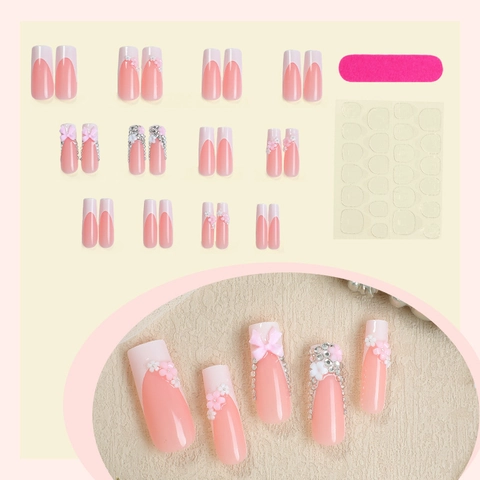 French Tip Press On Nails Lang Sarg Nude Pink 3D Schleife Strass Blume Künstliche Fingernägel Für Frauen