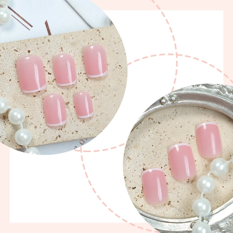 French Tip Press On Nails Nude Pink Short Square Round Glossy Fake Nails With Nail File And Adhesive Tabs