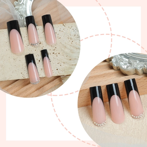 Unghie Finte Press On French Nere Forma Ballerina Lunga Con Decorazione Strass Base Nude Manicure Elegante Donna