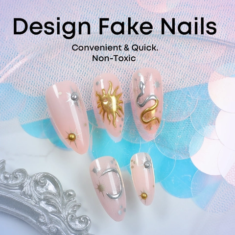 Press On Nails Mandelform Nude Pink Mit 3D Metall Sonne Mond Stern Schlange Charms Künstliche Nägel Für Frauen