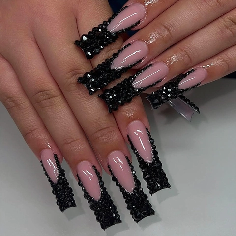 Long Square Press On Nails Black Rhinestone French Pink Black Glossy Fake Nails ABS Plastic For Women DIY Manicure