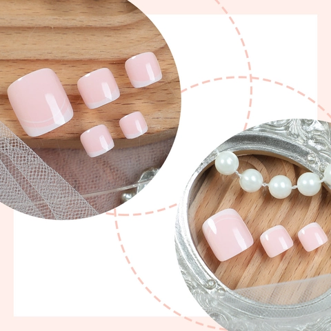 Faux Ongles Pieds À Coller French Manucure Blanc Brillant Rose Carré Amovible Pour Femmes Décoration Beauté