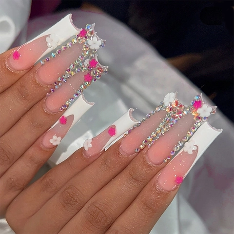 French Pink White Press On Nails Long Coffin Shape 3D Flower Rhinestone Decor Removable Wearable DIY Manicure For Women Luxury Style