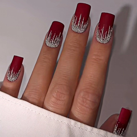 Matte Red Press On Nails Silver Glitter Gradient Long Square French Style Full Cover Removable Fake Nails
