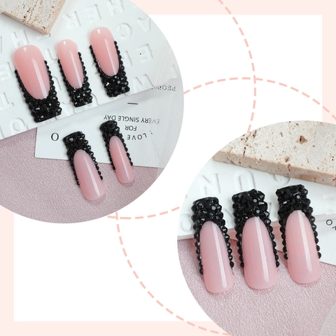Long Square Press On Nails Black Rhinestone French Pink Black Glossy Fake Nails ABS Plastic For Women DIY Manicure
