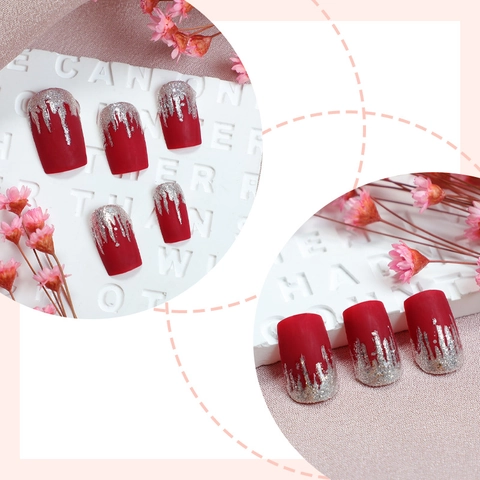 Matte Red Press On Nails Silver Glitter Gradient Long Square French Style Full Cover Removable Fake Nails