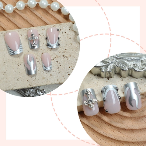 Faux Ongles À Presser Avec Croix En Strass Et Motifs De Flammes Argentées Chrome Métallique Style Y2K Pour Femmes