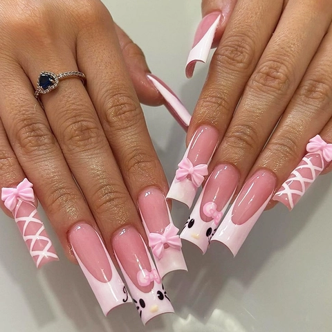 Press On Nails Long Coffin Pink White French Style Handmade 3D Resin Bow Cute Cartoon Cat Pattern Full Cover Glossy
