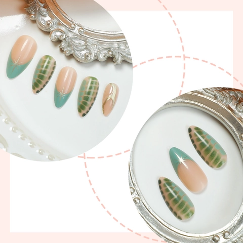 Uñas Postizas De Almendra Larga Estilo Francés Verde Y Rosa Nude Decoración De Estrellas Doradas Patrón De Cocodrilo Elegantes