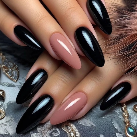 Almond Press On Nails Black And Dusty Pink Glossy Fake Nails Long Pointed Artificial Nails With Adhesive Tabs Nail File