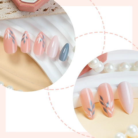 Unghie Finte Press On Lucide Forma Mandorla Motivo Foglia Rosa Blu Bianco Manicure Artificiale DIY Bellezza Delle Dita