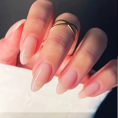 French Tip Press On Nails Almond Nude Pink Glossy False Nails With Gold Glitter Lines And Adhesive Tabs Women Manicure