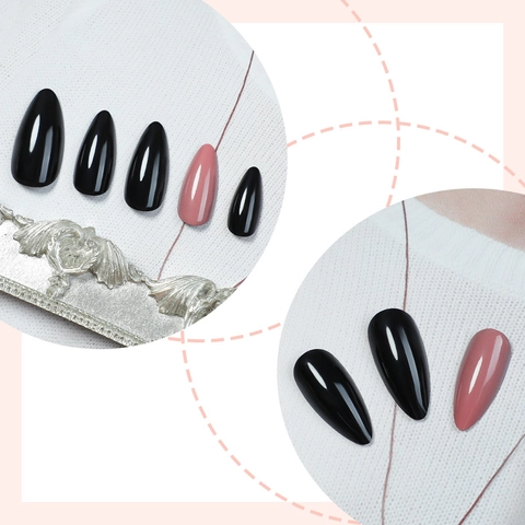 Almond Press On Nails Black And Dusty Pink Glossy Fake Nails Long Pointed Artificial Nails With Adhesive Tabs Nail File