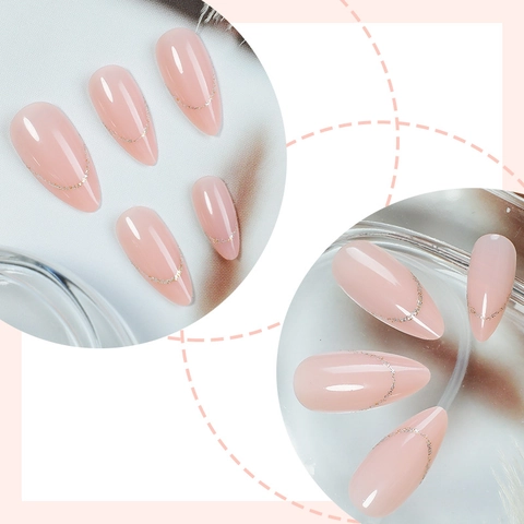French Tip Press On Nails Almond Nude Pink Glossy False Nails With Gold Glitter Lines And Adhesive Tabs Women Manicure