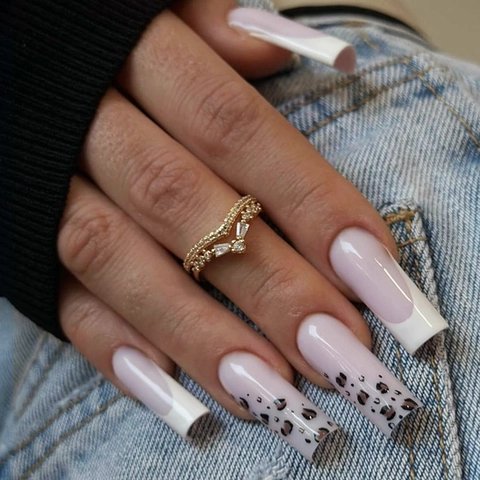 Long Coffin Press On Nails Leopard Print French Style Glossy ABS False Nails With Jelly Glue And Nail File