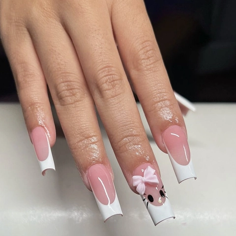 Press On Nails Long Coffin Pink White French Style Handmade 3D Resin Bow Cute Cartoon Cat Pattern Full Cover Glossy
