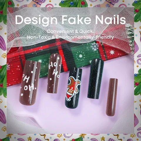 Weihnachts Kunstnägel Lang Sarg Braun Lebkuchenmann Glitzer Falsche Nägel Für Frauen Festliche Maniküre