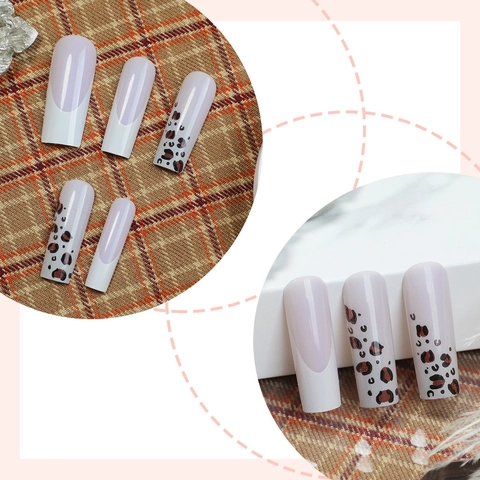 Long Coffin Press On Nails Leopard Print French Style Glossy ABS False Nails With Jelly Glue And Nail File