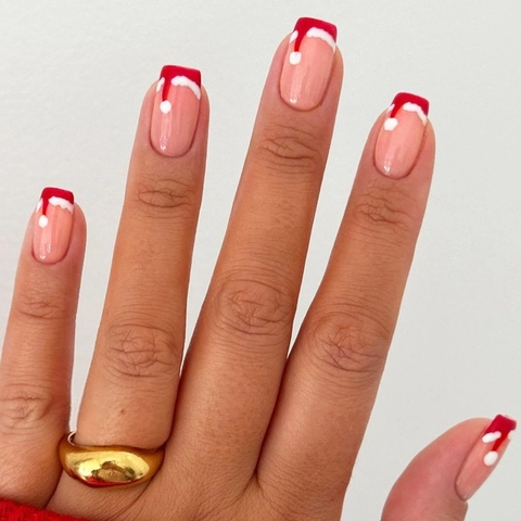 Press On Nails Red White French Short Square False Nails With Christmas Hat Pattern For Women Holiday Party
