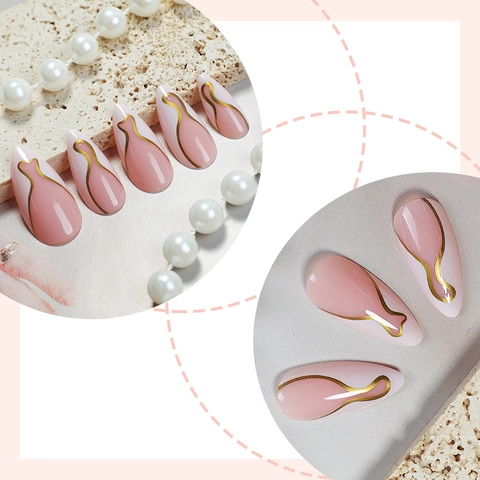 Press On Nagels Amandelvorm Franse Witte Punten Gouden Metalen Lijnen Nude Roze Kunstnagels Stijlvolle Manicure