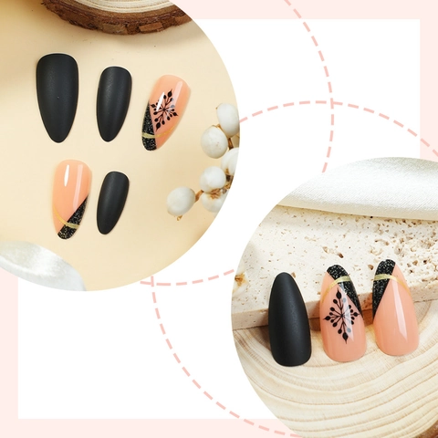 Unghie Finte French Lunghe Mandorla Nero Opaco Rosa Nude Fiocco Di Neve Natale Glitter Unghie Artificiali Per Donne