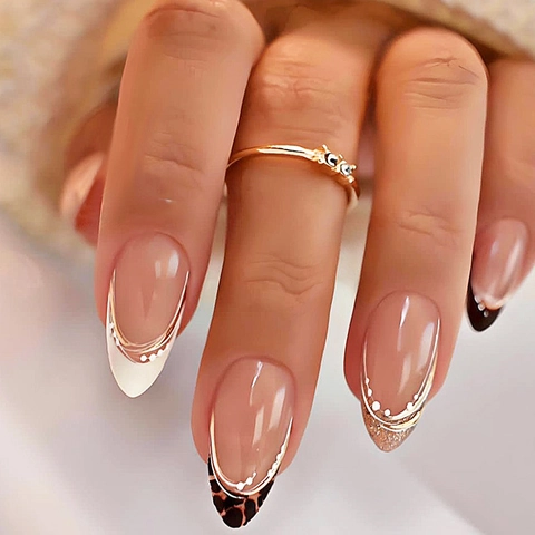 Almond Press On Nails Leopard Print French Tip Gold Glitter Nude Pink Artificial False Nails For DIY Manicure Elegant