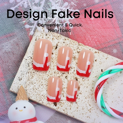 Press On Nails Red White French Short Square False Nails With Christmas Hat Pattern For Women Holiday Party