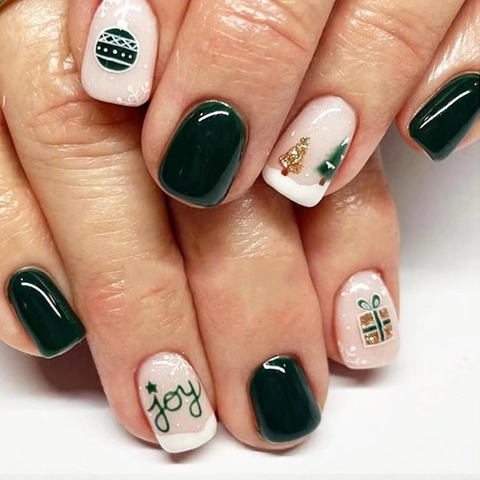 Christmas Tree Pattern Press On Nails Short Square Deep Green White Holiday False Nails Kit With Nail File And Adhesive Tabs