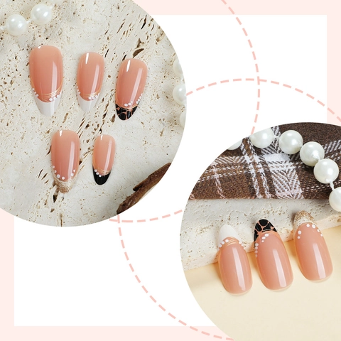 Almond Press On Nails Leopard Print French Tip Gold Glitter Nude Pink Artificial False Nails For DIY Manicure Elegant