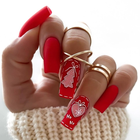 Kerst Kunstnagels Mat Rood Lange Vierkante Valse Nagels Met Kerstboom Sneeuwvlok Hart Patroon Feestelijke Nagelkunst