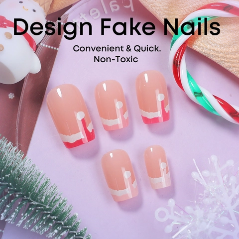 French Style Press On Nails Kerstmuts Patroon Roze Verloop Kunstnagels Voor Vrouwen Feest