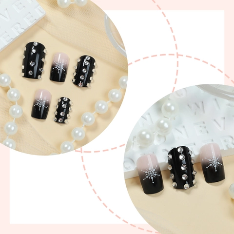 Press On Nails Long Coffin Gradient Black Snowflake Silver Rhinestone Christmas Winter French Glossy DIY Nail Art Jewelry