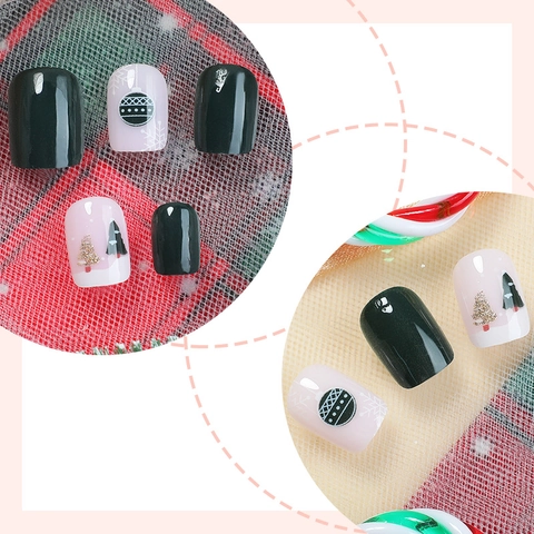 Christmas Tree Pattern Press On Nails Short Square Deep Green White Holiday False Nails Kit With Nail File And Adhesive Tabs