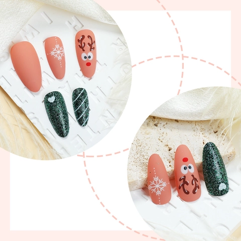 Ongles À Presser De Noël Renne Flocon De Neige Paillettes Vert Mat Orange Rose Forme Amande Faux Ongles Femmes Fête