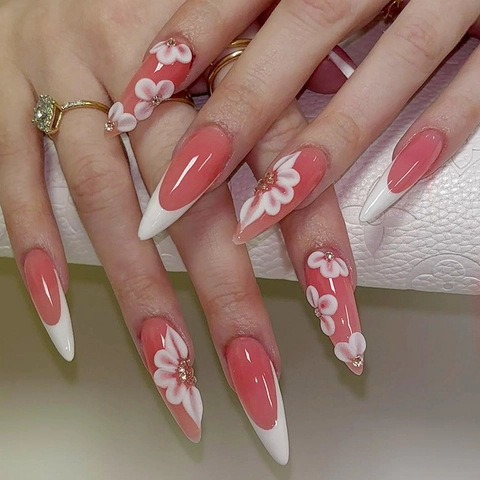 Lange Stiletto Press On Nägel Französisch Pink Weiß Blumen 3D Blumen Straßsteine Elegante Künstliche Nägel