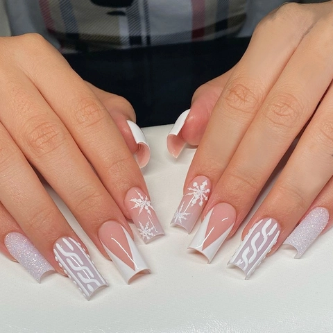 Unghie Finte Natalizie Lunghe Coffin Texture Maglione 3D Fiocco Di Neve French Tip Glitter Elegante Manicure Invernale