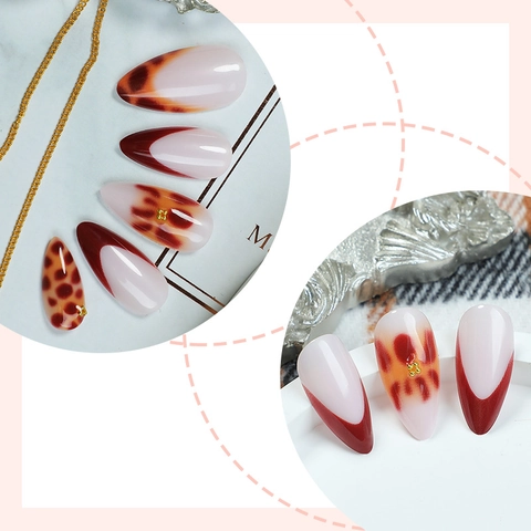 Glossy Almond Press On Nails Wine Red French Tip Leopard Pattern Amber Artificial False Nails Decor For Women