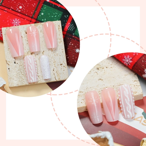 Unghie Finte Natalizie Lunghe Coffin Texture Maglione 3D Fiocco Di Neve French Tip Glitter Elegante Manicure Invernale