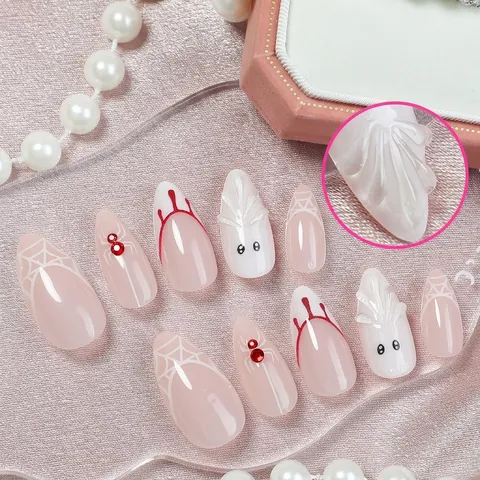 Halloween Press On Nails Ghost Blood Drip Spider Web Design Stiletto Long Artificial False Nail Decoration Gothic Party