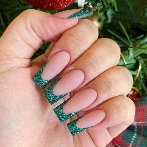 Uñas Postizas Largas Coffin Francesas Con Purpurina Verde Mate Nude Elegantes Para Manicura Festiva