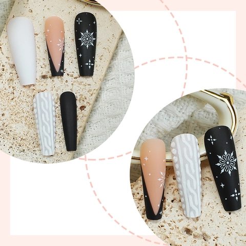 Christmas Long Coffin Press On Nails 3D Knitted Texture Snowflake Matte Artificial Nails With Nail File And Adhesive Tabs