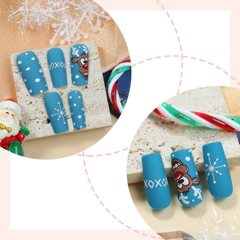Unghie Finte Di Natale Blu Opaco Motivo Renna Fiocco Di Neve Unghie Finte Quadrata Lunga Per Donne Vacanze Invernali