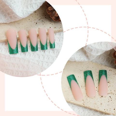 Uñas Postizas Largas Coffin Francesas Con Purpurina Verde Mate Nude Elegantes Para Manicura Festiva