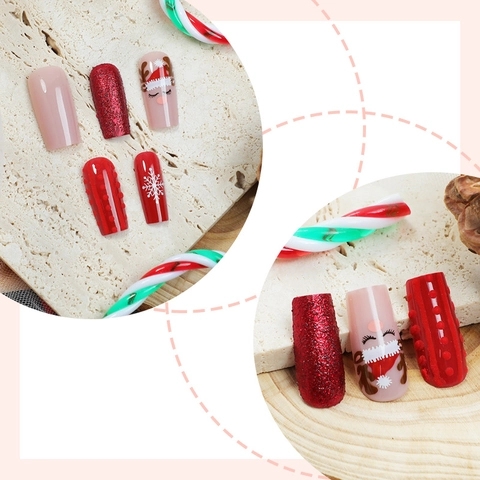 Christmas Press On Nails Red Glitter Snowflake Reindeer 3D Knit Texture Long Coffin False Nails For Women Holiday Winter