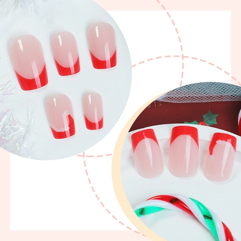 Uñas Postizas Press On French Rojas Diseño Gorro Navidad ABS Cuadradas Redondas Uñas Artificiales Para Mujeres Decoración Festiva