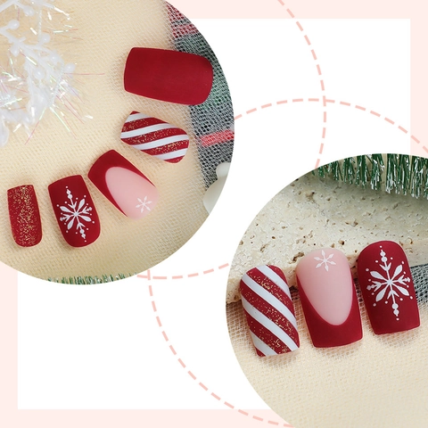 Weihnachten Press On Nails Rot Weiß Streifen Schneeflocke Glitzer Eckig Full Cover Künstliche Fingernägel Damen DIY Maniküre