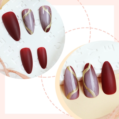 Künstliche Fingernägel Matt Weinrot Und Lavendel Marmor Mit Goldglitzer Linien Mandelform Eleganter Französischer Stil Damen