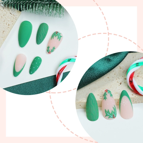 Unghie Finte Di Natale Forma Mandorla Verde Foresta Opaco Motivo Fiocco Di Neve E Agrifoglio Texture Maglione 3D Donne